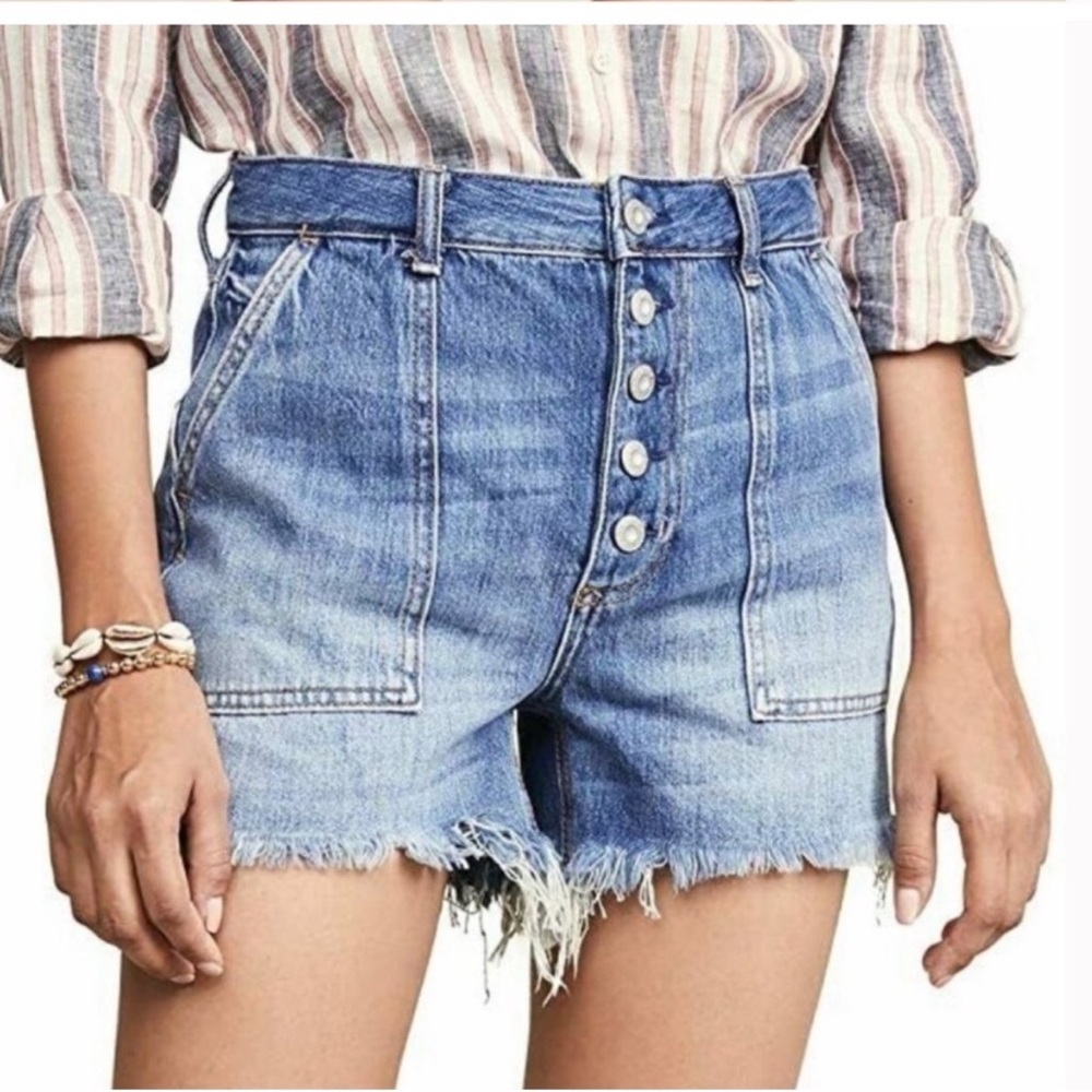 Free People Distressed High-Rise Button-Fly Denim Shorts - Blue
